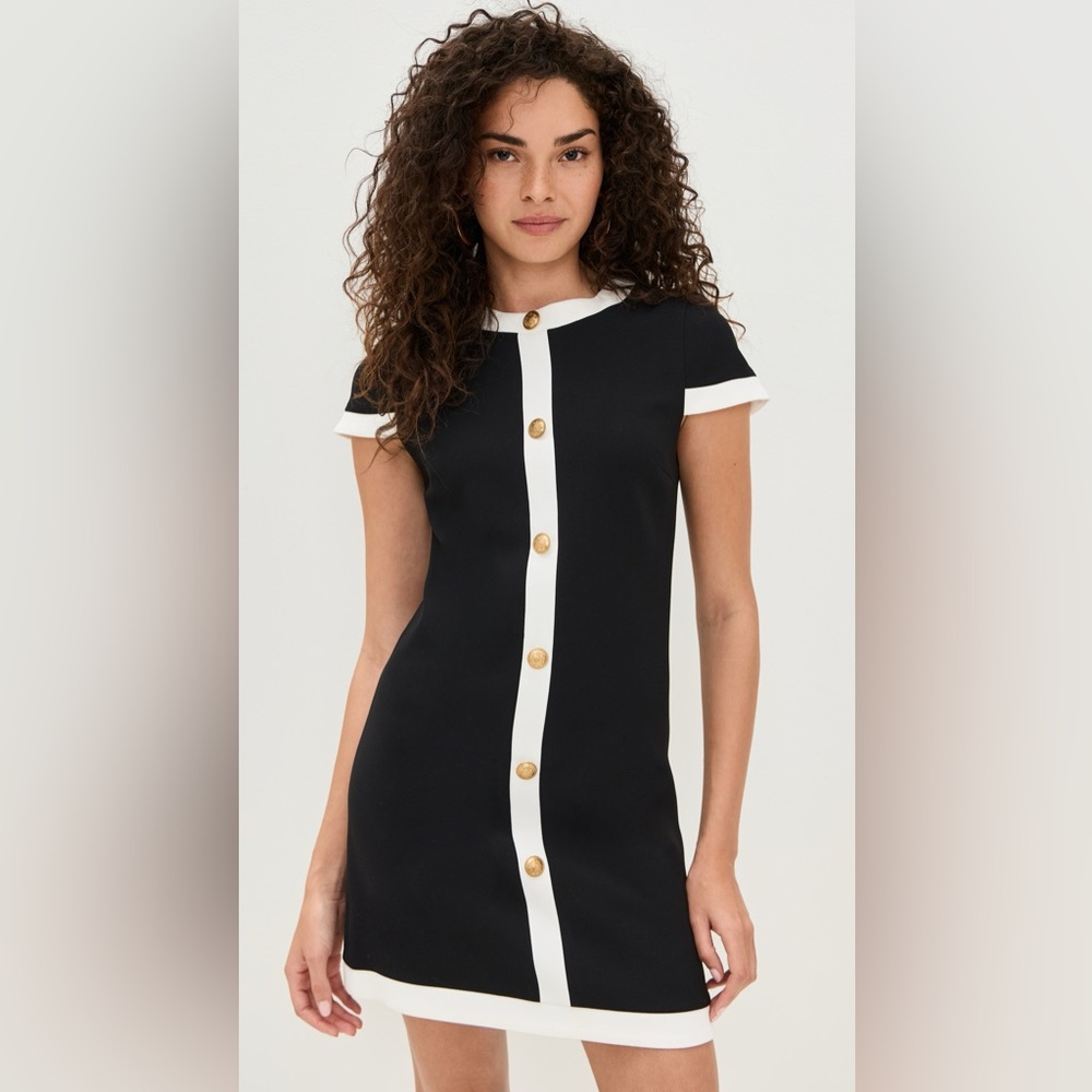 Alice + Olivia Black Mini Dress with White Trim and Gold Buttons